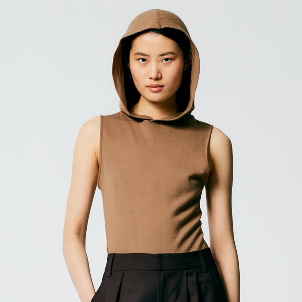 Tibi wool jersey hoodie tunic top; sand dune; xs, NWT